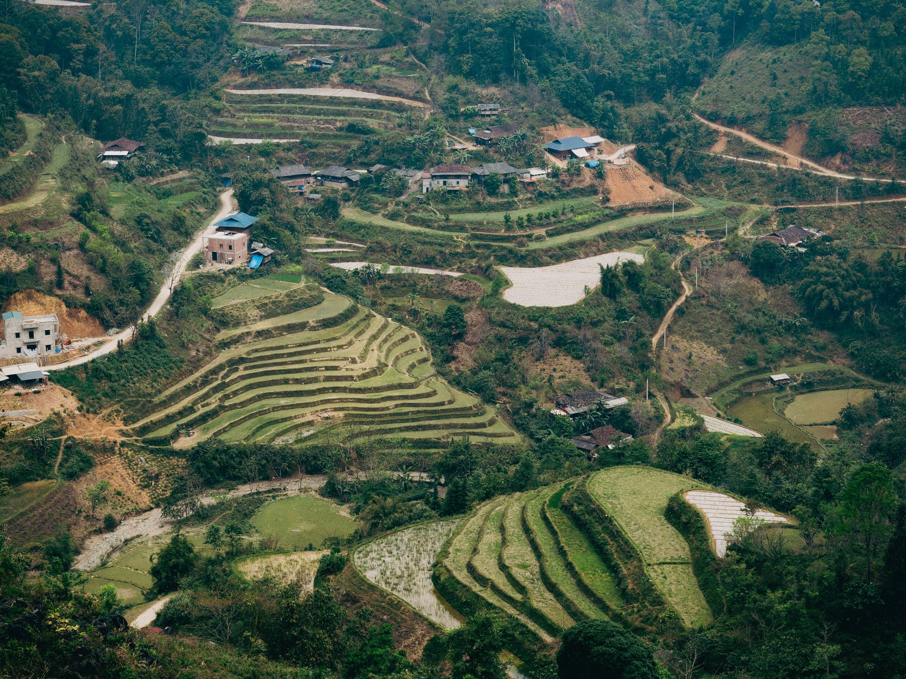 Terraced rice fields and village houses on a green hillside, seen from above